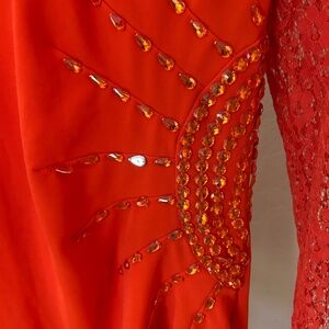 Orange Sequin Lace Long Sleeve Stretchy Dress